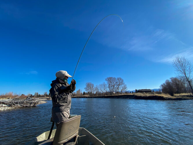 Jim hooked up on a cold blue-bird morning 