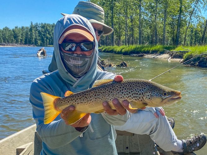 Stan with a nice brown trout early - Trout Fishing Montana