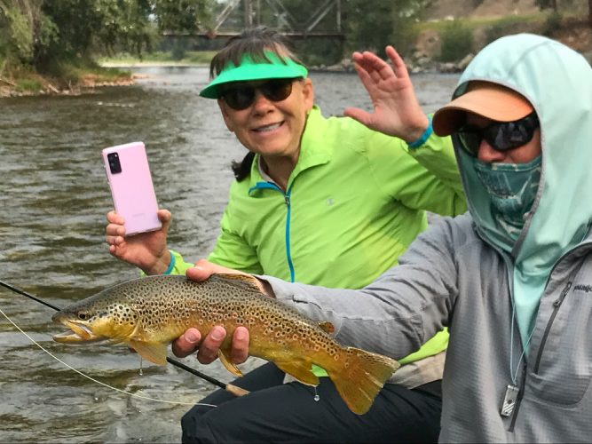 Gorgeous brown trout for Jane - Mid-July Missoula Fishing