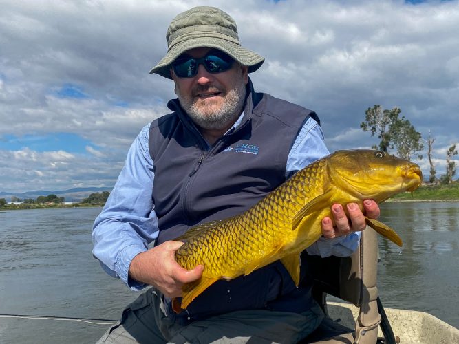 Ecstatic when Mark boated the first carp of the day on a dry - Montana Fly Fishing