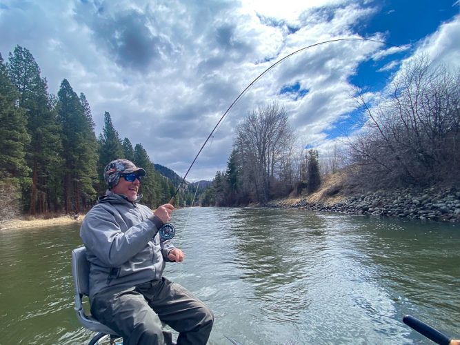 Scott hooked up in "no fish" hole - Spring Fishing Montana 2022