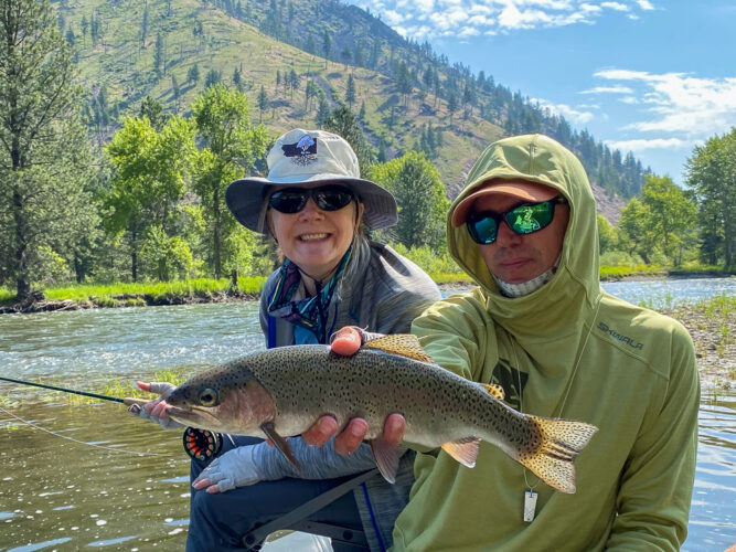 Laura with a great bow out of a back eddy - Full Moon Fishing in Montana 