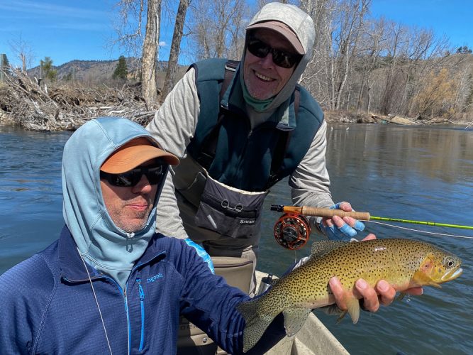 Jeff with a good cutthroat off a fast bank - Montana Fly Fishing Guide Report