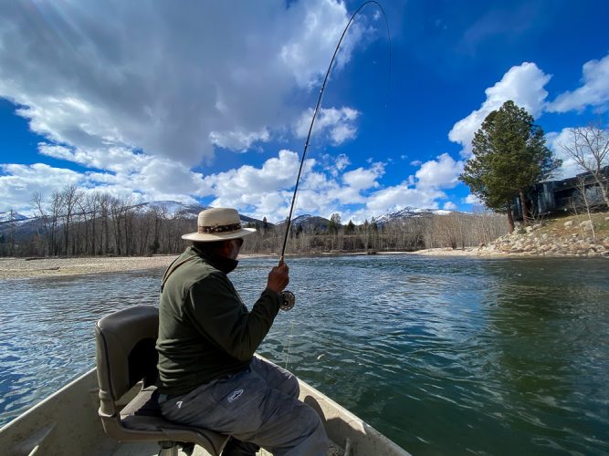 Marcelo hooked up in a back eddy - Catching the Big One's in Montana