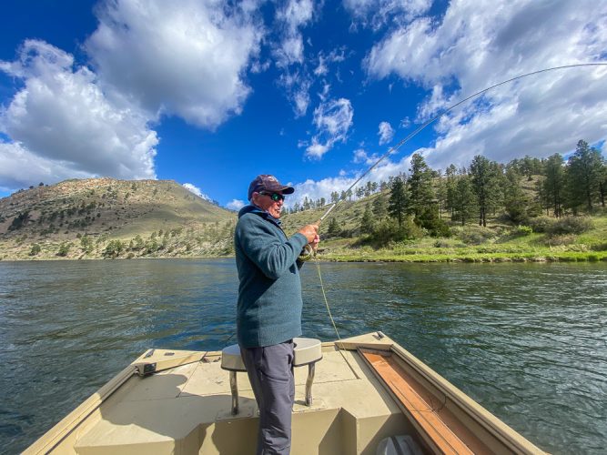 Eldon hooked up on a perfect weather day - Fly Fishing the Missouri River 2024