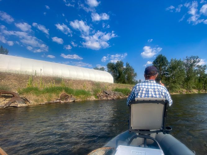 Jim really wanted to get one off of these old car bodies on the riverbank - Bitterroot Trout Fishing Guide