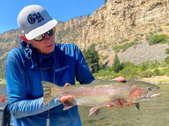 Dan admiring a gorgeous dry fly rainbow - Fishing the Land of the Giants