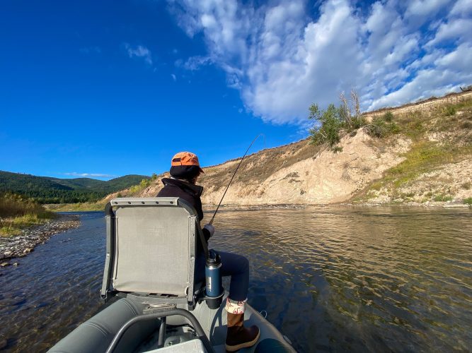 Penny hooked up to a hard fighting rainbow - Missoula Fall Fishing