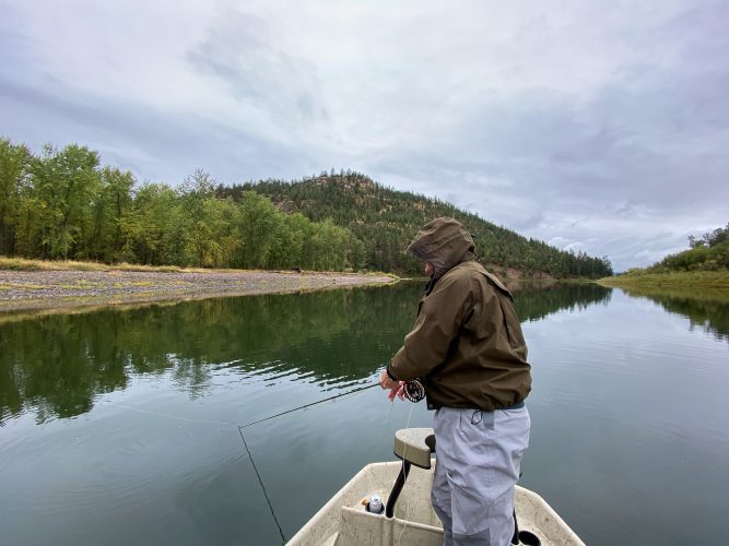 Steve working the pike fly in slow water - Fall Fishing in Montana